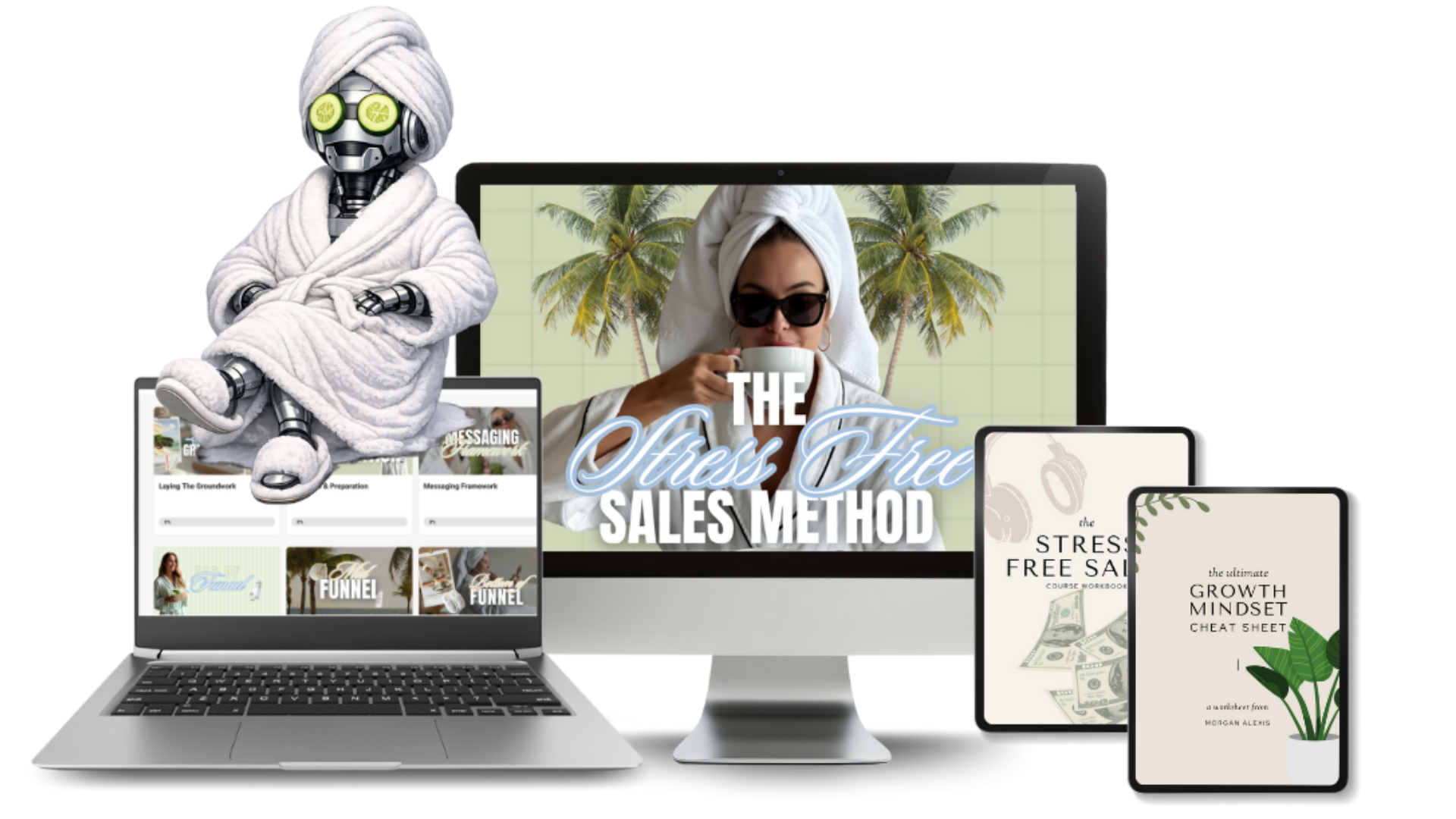 Stress Free Sales course mockups on desktop, laptop, tablet and phone